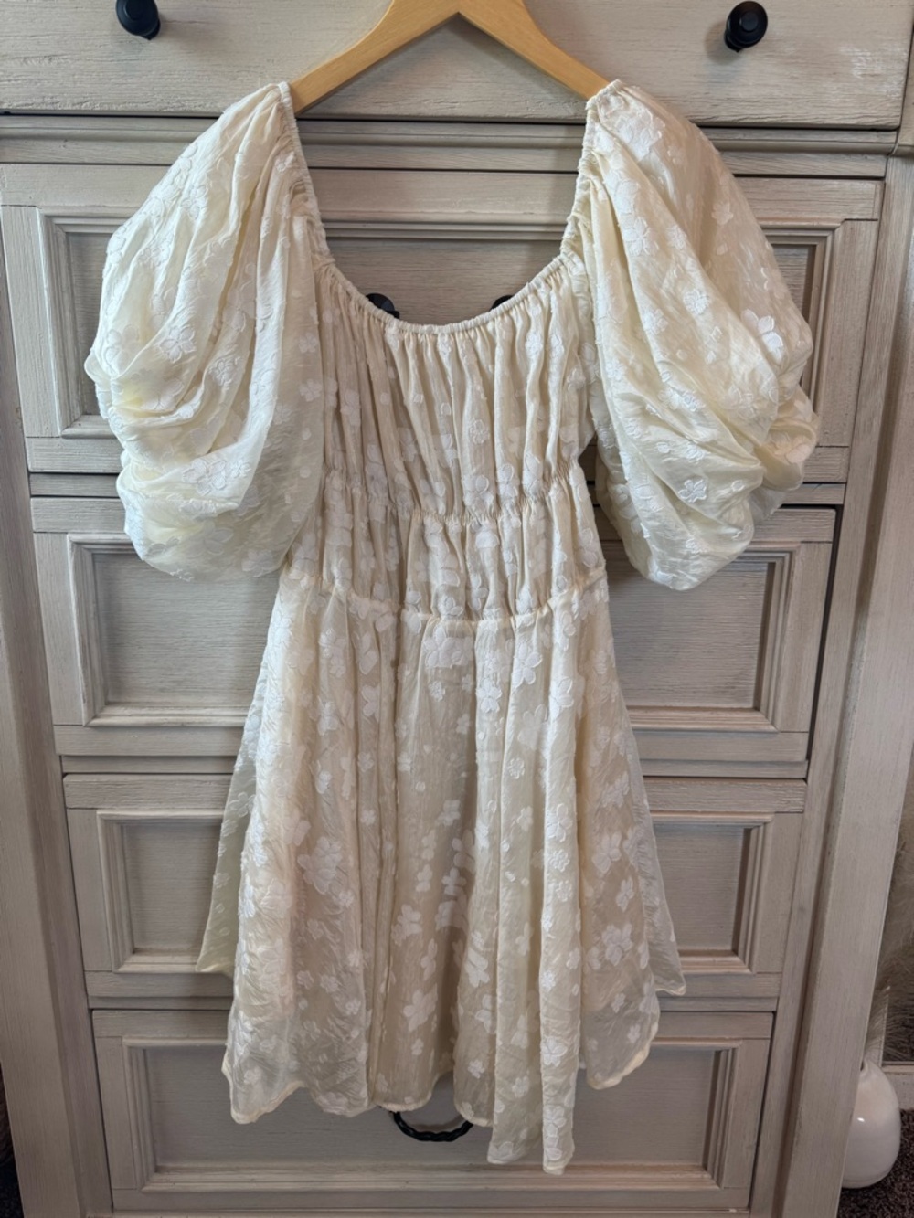 &MERCI cream colored Floral Midi Dress with Puff Sleeves